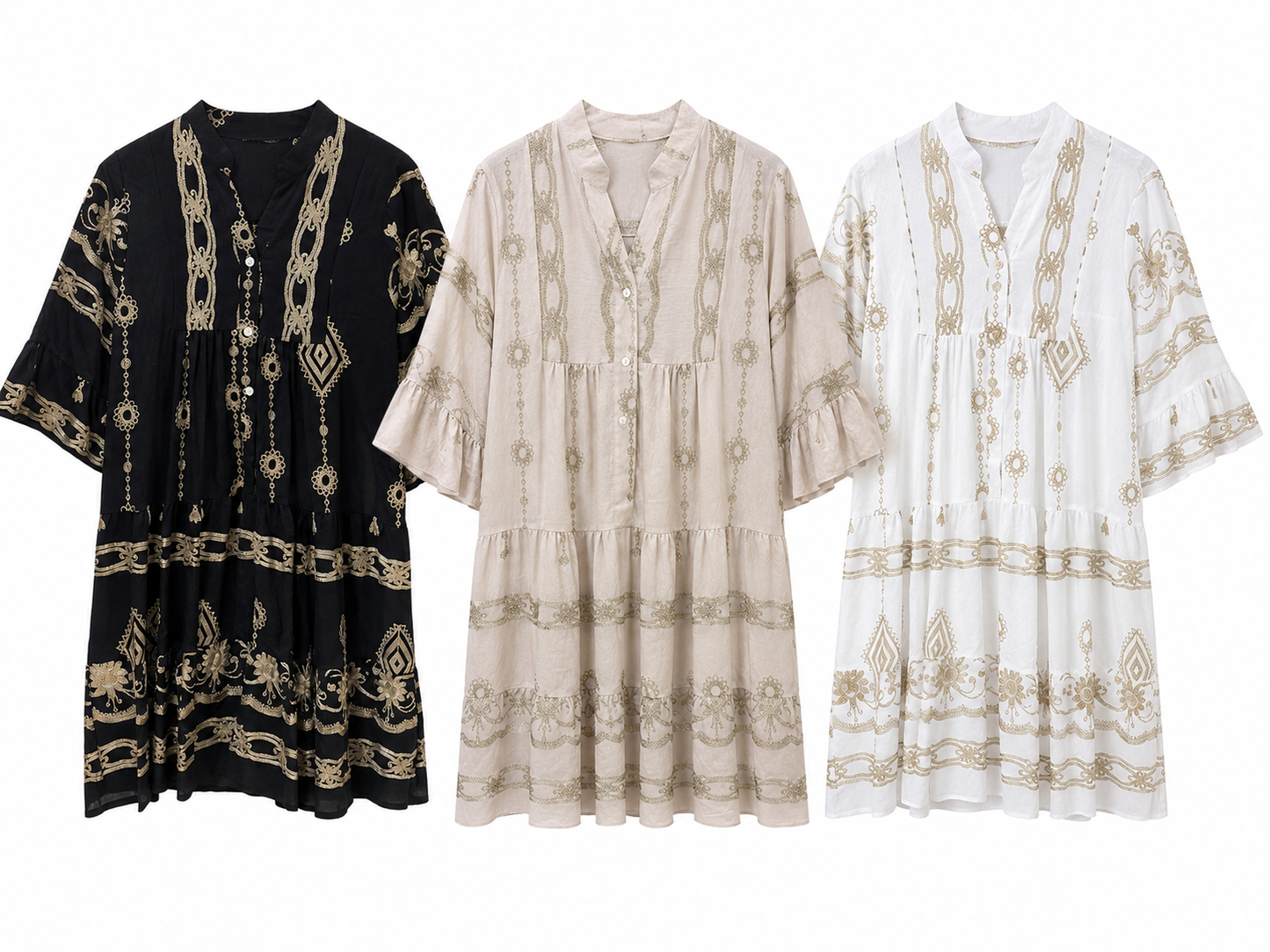 Vestido Boho com dourados