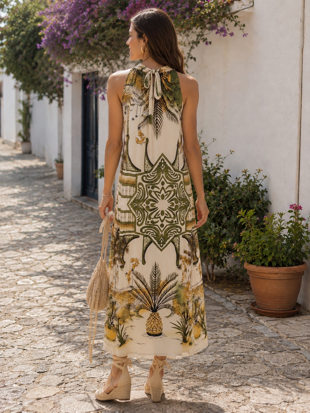 Vestido Tropical apertar pescoço MF