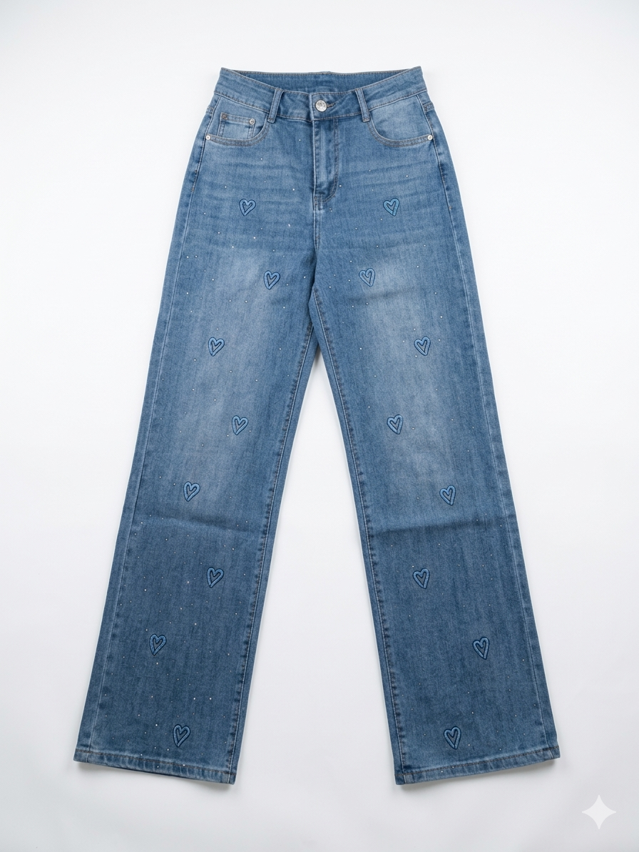 Pantalón vaquero con brillo y corazones
