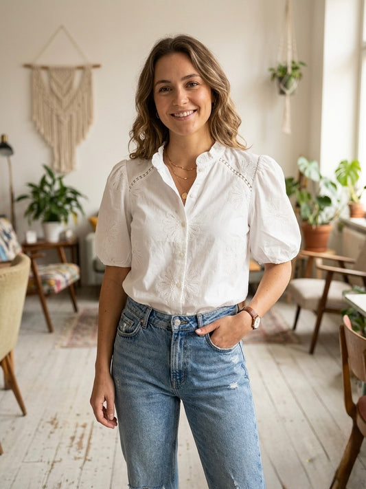 Camisa Bordada Manga Balão