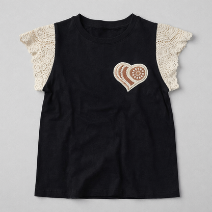 Tshirt Coração Manga Crochet