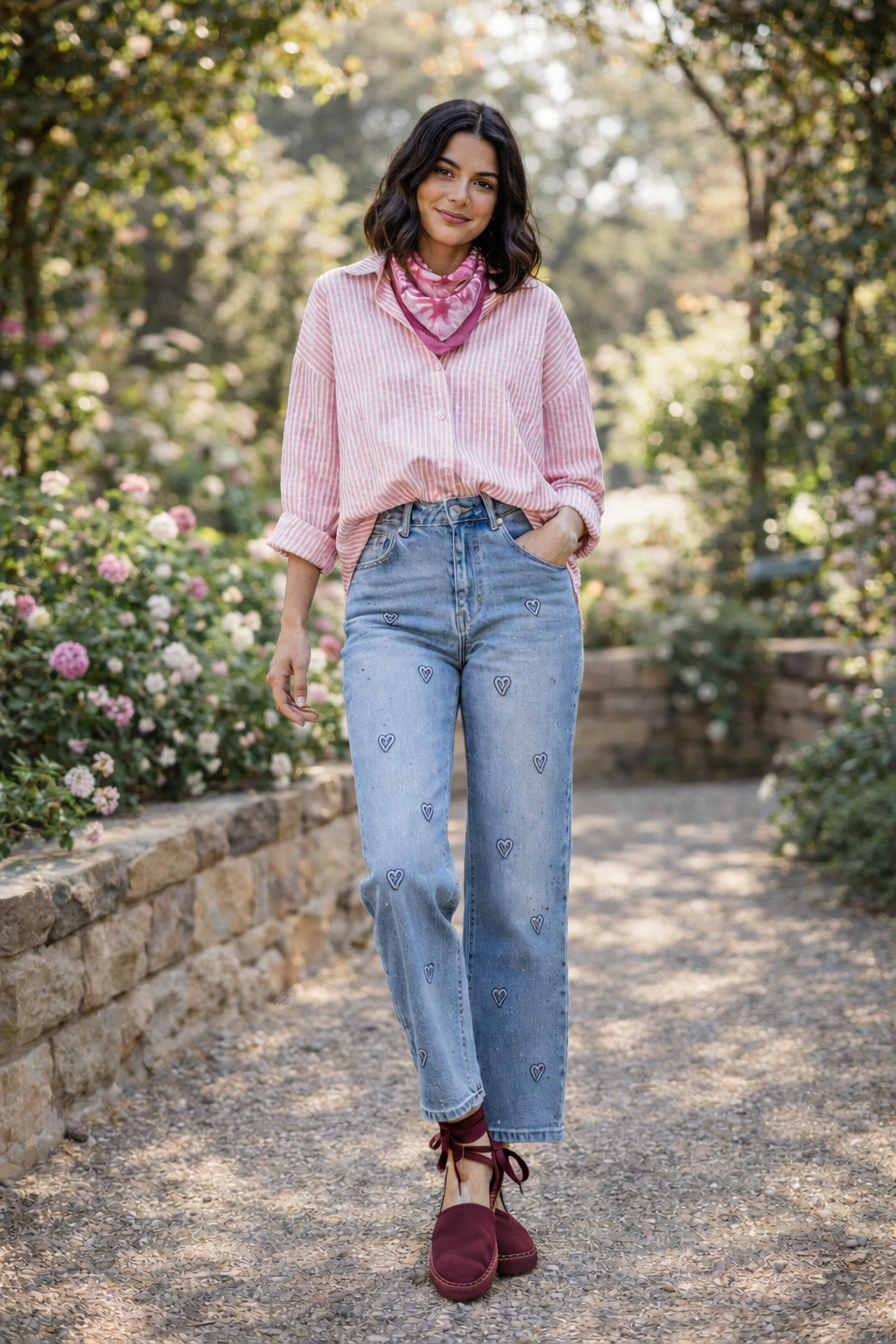 Pantalón vaquero con brillo y corazones