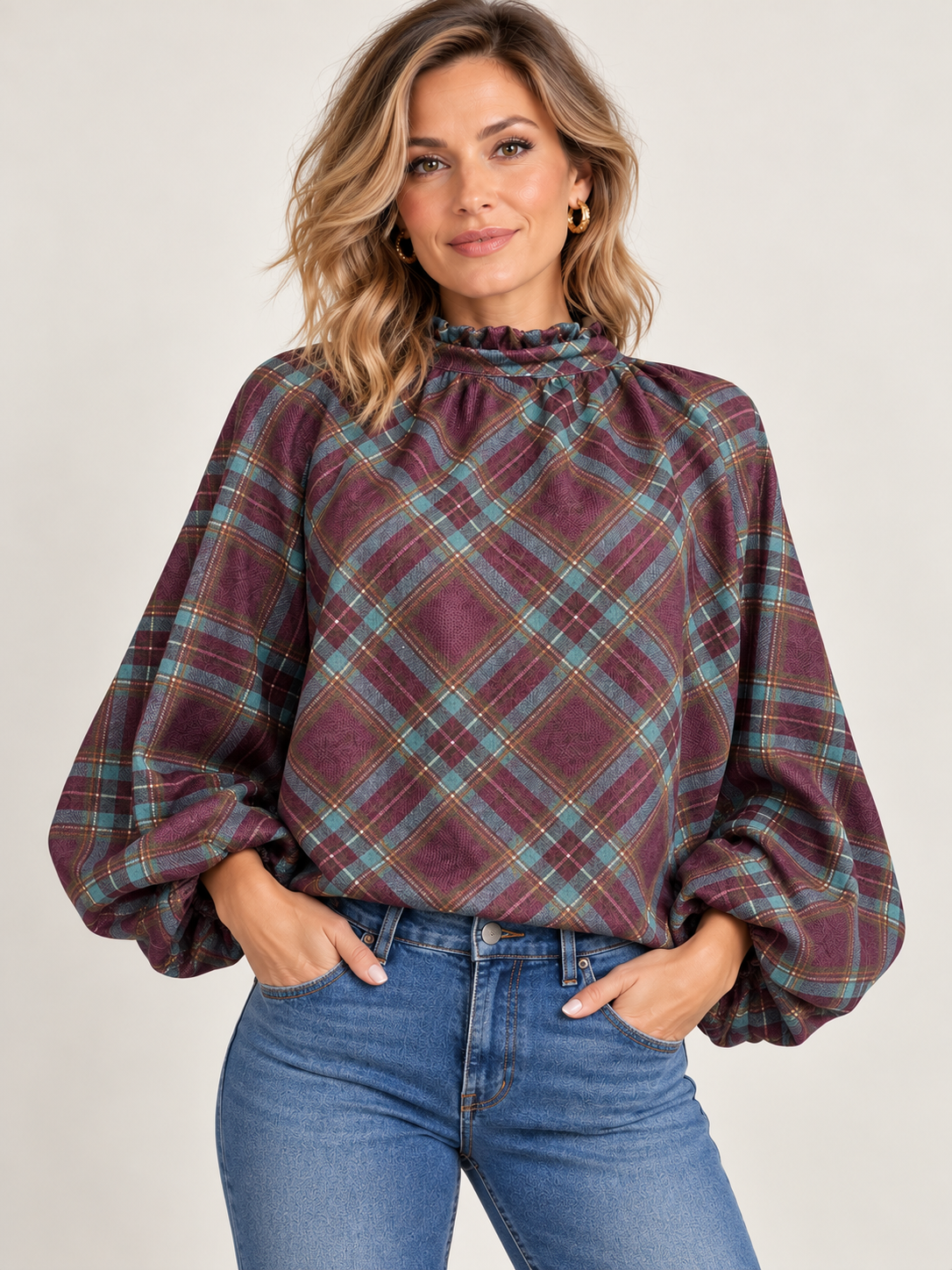 Poncho Xadrez Veludo Tufada