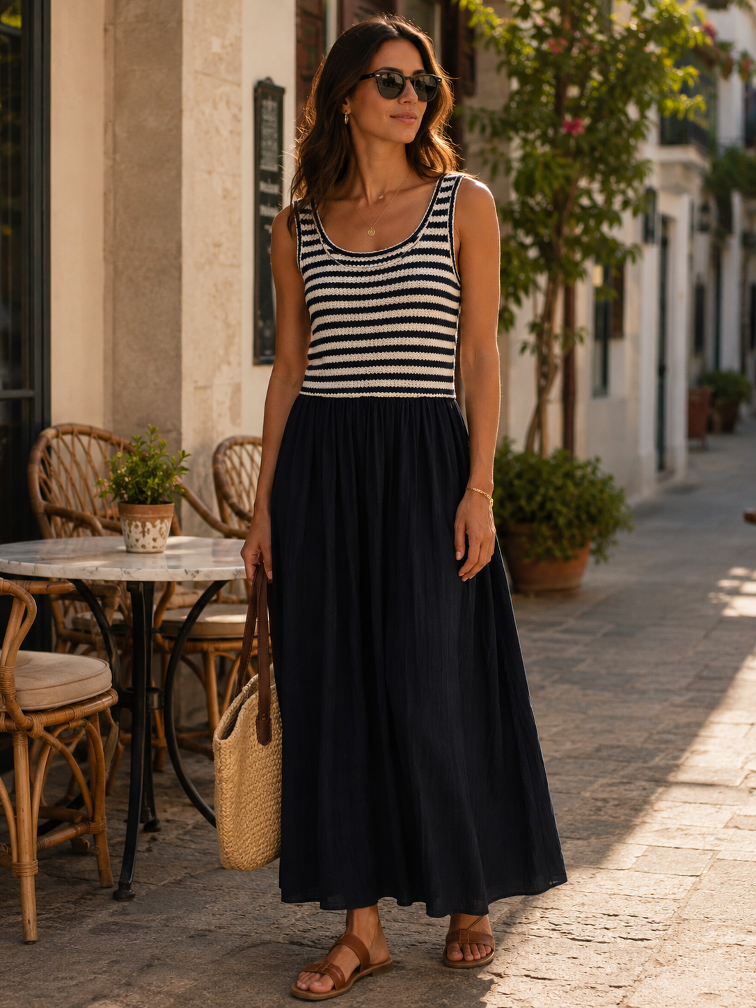 Vestido Mix Riscas saia lisa com bolso