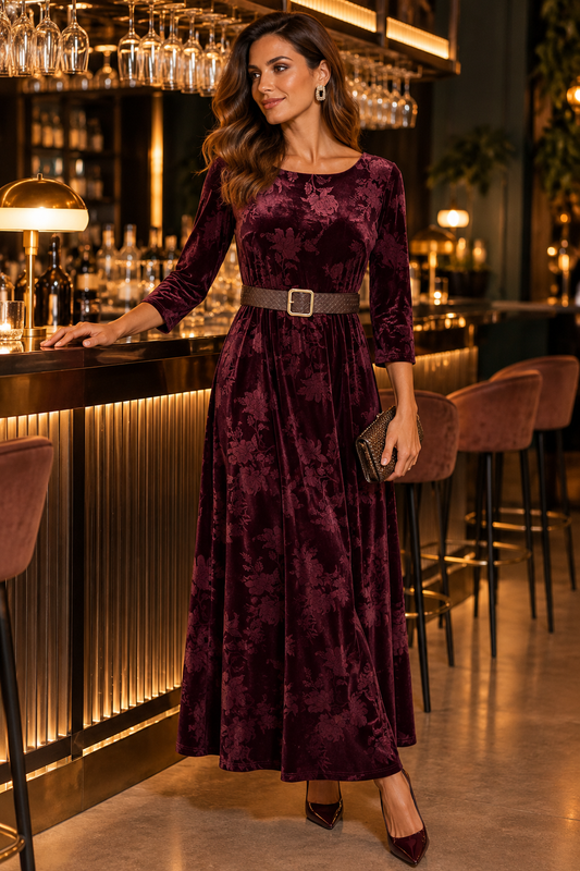 Vestido Veludo Gravado Comprido