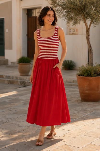 Vestido Mix Riscas saia lisa com bolso