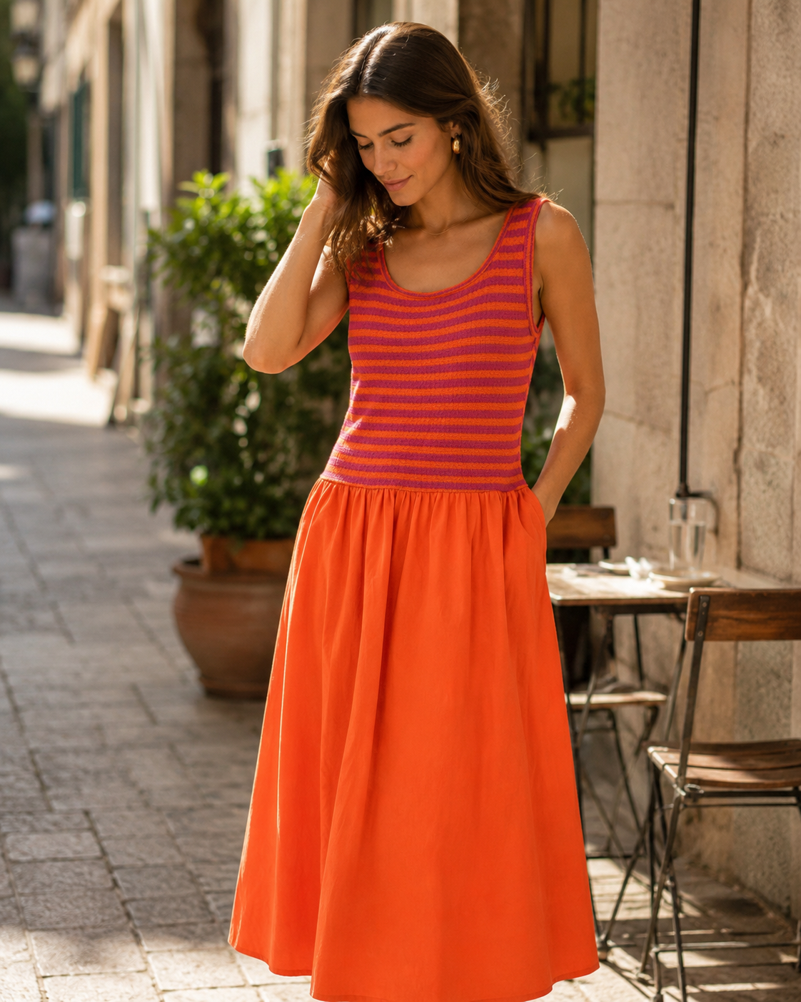 Vestido Mix Riscas saia lisa com bolso