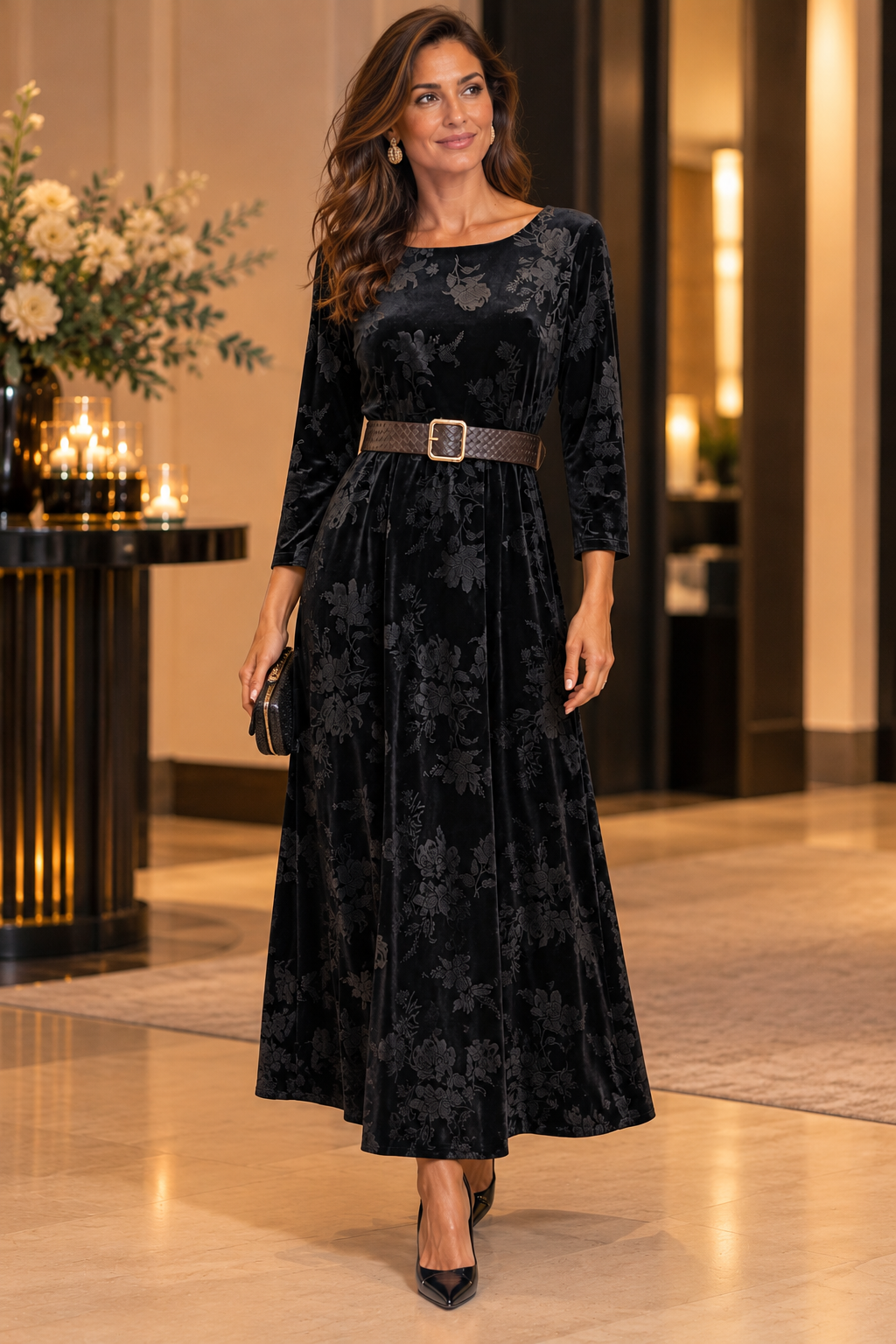 Vestido Veludo Gravado Comprido