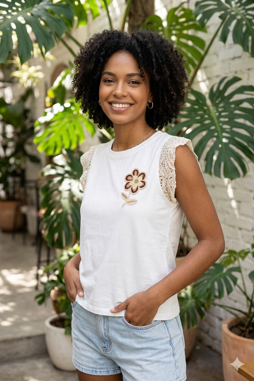 Tshirt Flor e Manga Renda