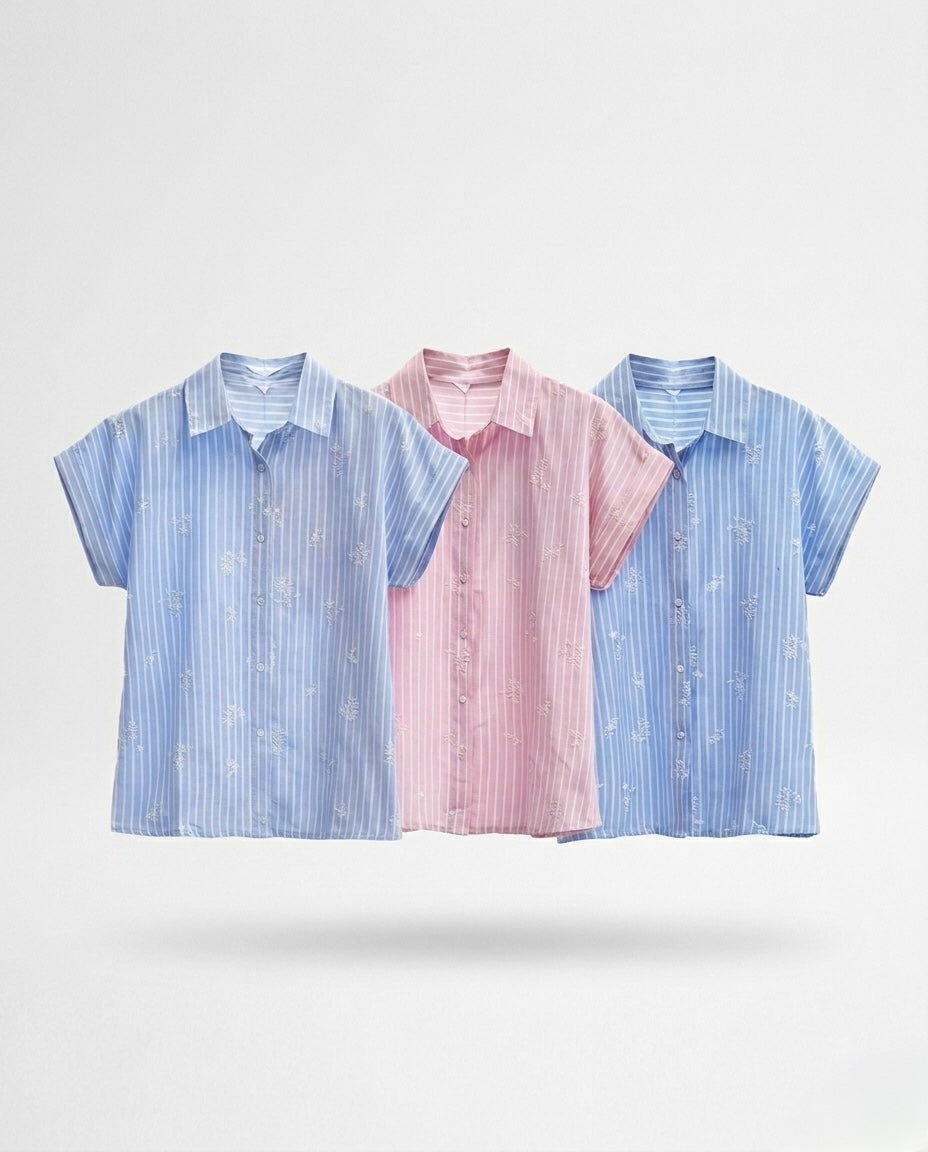 Camisa Riscas Manga Curta com Bordados